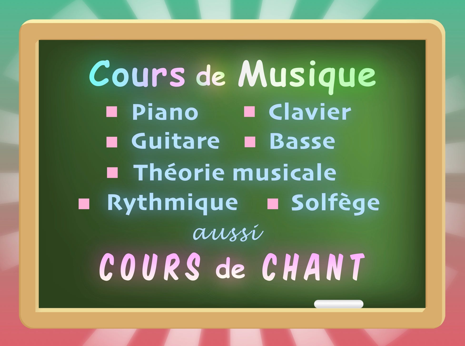 Piano, Guitare, Clavier, Basse, Théorie, Rythmique, Solfège et Chant