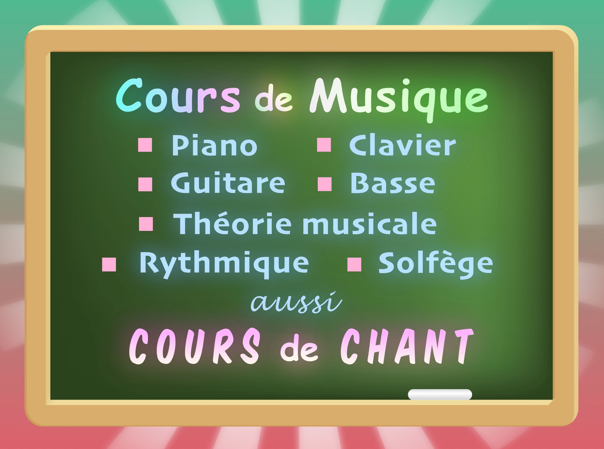 Piano, Guitare, Clavier, Basse, Théorie, Rythmique, Solfège et Chant
